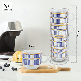 NFI essentials Set of 4 Ceramic Tea Cups With Stand Safe for the Microwave and Dishwasher Stackable Tea Cup  Printed Coffee Mugs for Gifting with Holder 150 ML - AYAHA ENTERPRISES PRIVATE LIMITED