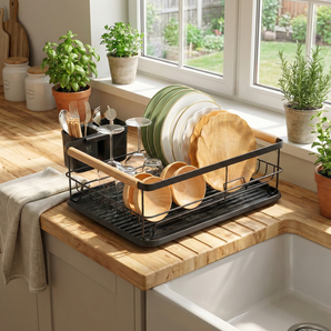 NFI essentials Dish Drying Rack Basket with Wooden Handle for Kitchen Utensils, Metal Dish Plate Drainer Stand for Home with Removable Cutlery Holder Tray for Kitchen Storage