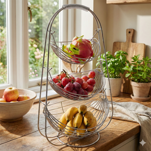 NFI essentials Stainless Steel 3 Tier Swing Fruit & Vegetable Basket for Kitchen & Dining Table, 3 Layer Potato Onion Stand, Storage Rack for Fruits & Vegetables Stand