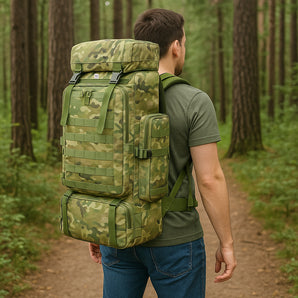 NFI essentials Hiking Bag, Military Print Travel Shoulder Backpack, Rucksack Duffle Bag with Shoe Compartment & Wet Clothes for Gym, Duffel Bag for Travelling, Camping & Trekking