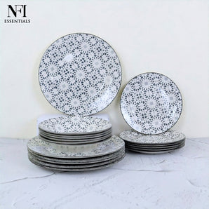 NFI essentials 18 pcs Ceramic Dinner Set for Dining Microwave & Dishwasher Safe Crockery Set Quality Porcelain Geometric Design 6 Dinner Plates, 6 Quarter Plate,6 Salad Plate