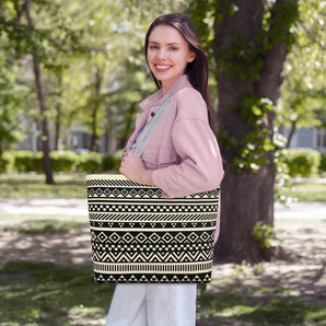 NFI essentials Canvas Printed Tote Bag for Women with Zipper, Casual Handbag