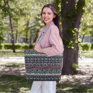NFI essentials Canvas Printed Tote Bag for Women with Zipper, Casual Handbag