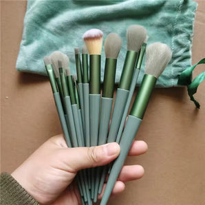 NFI essentials Professional Synthetic Soft Bristle Makeup Brush Set of 13 For Face & Eye Cosmetic Accessories Brushes Kit For Eyeshadow, Powder, Lip, Eyebrow (Green)