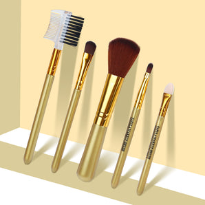 NFI essentials Small Synthetic Soft Bristle Makeup Brush Set of 5 For Face & Eye Cosmetic Travel Accessories Gold Brushes Kit For Eyeshadow, Powder, Lip, Eyebrow