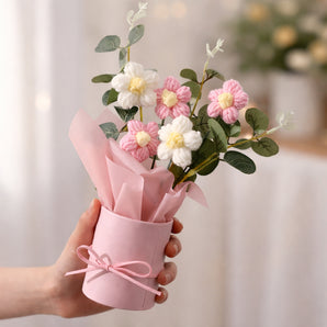 NFI essentials Crochet Bouquet in Decorative Pink Pot, Hand Woven Knitted Artificial Flower for Office Desk, Table Decor for Home