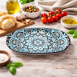NFI essentials Ceramic Serving Platter with with Handles Blue Mandala Design for Snacks, Appetizers, Salads, and Noodles | Safe for the Microwave and Dishwasher (10.8 inch) (Multicolour 6)