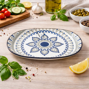 NFI essentials Ceramic Serving Platter with with Handles for Snacks, Appetizers, Salads, and Noodles | Safe for the Microwave and Dishwasher (10.8 inch)