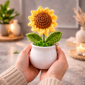 NFI essentials Crochet Sunflower Pot, Artificial Sunflower for Office Desk, Car Dashboard & Home Decor, Handcrafted Yarn Flower in Pot