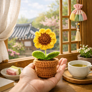 NFI essentials Crochet Sunflower with Pot, Artificial Flowers for Car Dashboard, Home Decor, Table Decor, Gifting, Knitted Crochet Plant