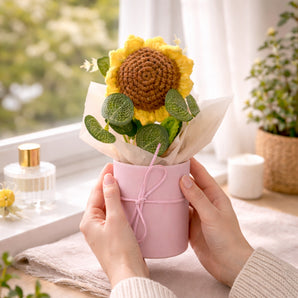 NFI essentials Crochet Sunflower in Pink Pot Knitted Artificial Flower Plant for Home, Office Desk, Table Centerpiece