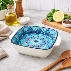NFI essentials Ceramic Serving Platter with Handle, Ideal for Snacks, Salads & Starters, Dishwasher & Microwave Safe 6 inch