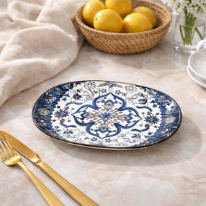 NFI essentials Ceramic Serving Platter with with Handles Blue Mandala Design for Snacks, Appetizers, Salads, and Noodles | Safe for the Microwave and Dishwasher (10.8 inch)