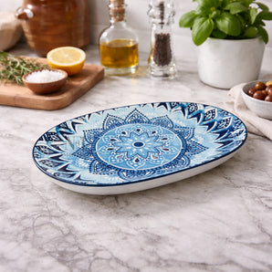 NFI essentials Ceramic Serving Platter with with Handles Blue Mandala Design for Snacks, Appetizers, Salads, and Noodles | Safe for the Microwave and Dishwasher (10.8 inch) (Multicolor 5)