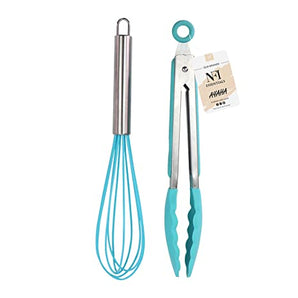 NFI essentials Silicone Whisk and Tong Set, Non-Stick Cooking Safe Set of 2