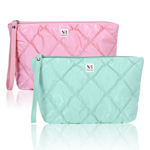 NFI essentials Pack of 2 Multipurpose Quilted Cosmetic Pouch, Checkered Puffy Makeup Pouch for Women, Zipper Travel Bag, Portable Toiletry Organizer Bag with Handle