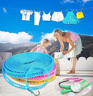 NFI essentials Clothesline Rope 10 Meters Windproof Anti-Slip Clothes Washing Line Drying Nylon Rope with Hooks 5 Meter Nylon Clothesline Rope for Drying Cloths (Assorted Colour) (Copy)