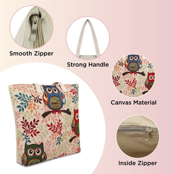 NFI essentials Canvas Owl Printed Shopping Bag, Foldable Shopping Handbag - AYAHA ENTERPRISES PRIVATE LIMITED