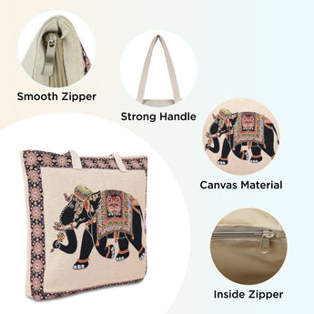 NFI essentials Canvas Elephant Printed Shopping Bag, Foldable Shopping Handbag - AYAHA ENTERPRISES PRIVATE LIMITED