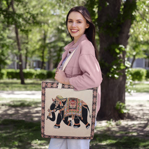 NFI essentials Canvas Elephant Printed Shopping Bag, Foldable Shopping Handbag - AYAHA ENTERPRISES PRIVATE LIMITED