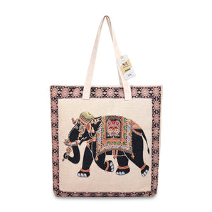 NFI essentials Canvas Elephant Printed Shopping Bag, Foldable Shopping Handbag