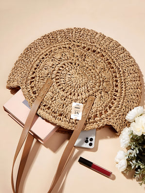 NFI essentials Knitted Straw Wicker Bags for Women & Girls Braided Woven Design Handmade Crafted Handbags Summer Beach Traditional Hobo Bag Tote Best Gift for Ladies