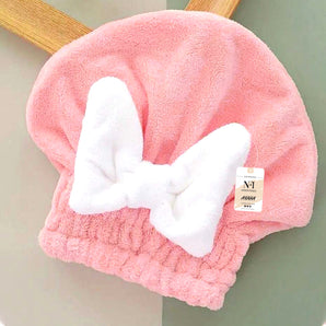 NFI essentials Microfiber Hair Towel Cap Warp Super Absorbent Wet Hair Drying Head Turban, Pookie Bow Knot for Girls Salon Quick Dry Shower with Button for Women (Copy) (Copy) (Copy) (Copy)