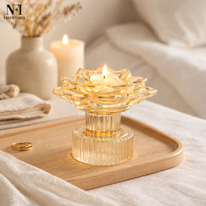 NFI essentials Tealight Lotus Flower Candle Holder with Clear Pedestal Base Artistic Centerpiece for Home Décor, Meditation, Special Occasions, and Festive Lighting
