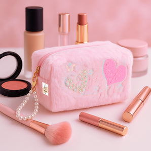 NFI essentials Fur Makeup Cosmetic Pouch Vanity Case Jewellery Pouch for Womens Stationery Pencil Case Travel Organiser Zipper Pouch Bag with Detachable Handle