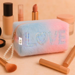 NFI essentials Fur Makeup Cosmetic Pouch Vanity Case Jewellery Pouch for Womens Stationery Pencil Case Travel Organiser Zipper Pouch Bag with Detachable Handle - AYAHA ENTERPRISES PRIVATE LIMITED