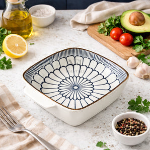 NFI essentials Ceramic Serving Platter with Handle, Ideal for Snacks, Salads & Starters, Dishwasher & Microwave Safe 6 inch
