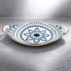 NFI essentials Ceramic Serving Platter with with Handles Blue Mandala Design for Snacks, Appetizers, Salads, and Noodles | Safe for the Microwave and Dishwasher (10.8 inch) (Multicolor 3)