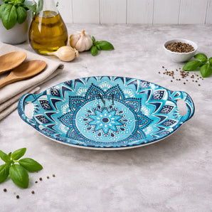 NFI essentials Ceramic Serving Platter with with Handles Blue Mandala Design for Snacks, Appetizers, Salads, and Noodles | Safe for the Microwave and Dishwasher (10.8 inch) (Multicolour 2)