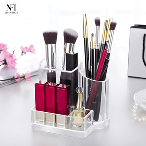 NFI essentials Clear Acrylic 3 Compartment Makeup Brush Holder & Stationery Organizer