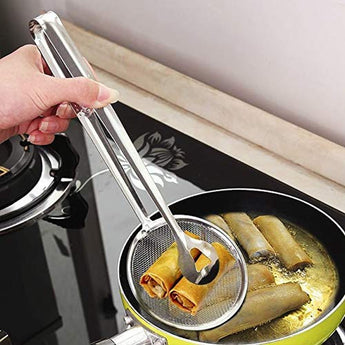 2 in 1 Steel Fry Tool Filter Spoon Mesh Strainer Tongs Oil Skimmer with Clip - AYAHA ENTERPRISES PRIVATE LIMITED