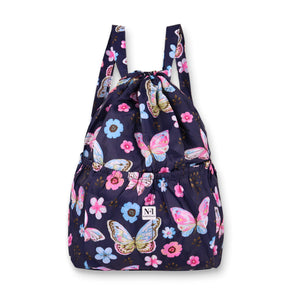 NFI essentials Floral Print Drawstring Backpack for Women Foldable Sport String Bag Sackpack Nylon for Gym, College, Yoga, Shopping