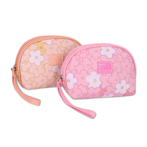 NFI essentials Makeup Pouch Flower Print Makeup bag Pouch for Makeup accessories Semicircle Cosmetic Bag Vanity Kit Stationery Pencil Case Toiletry Bag Make up pouch (Pink & Biege)