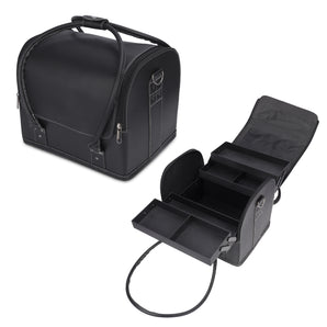 NFI essentials Large Makeup Case, Professional Beauty Train Case Bag, Leather Vanity Travel Brush Case with 4 Trays and Strap, Large Storage Make up Box Cosmetic Organizer (Black-D1)