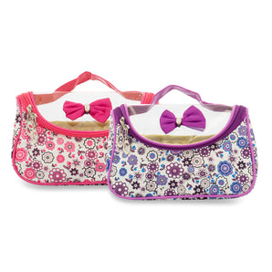 Floral Print Vinyl Cosmetic Pouch | Makeup Pouch | Travel Organiser | Size 21x10x10cm | Pack of 2  (Pink & Purple) - NFI essentials