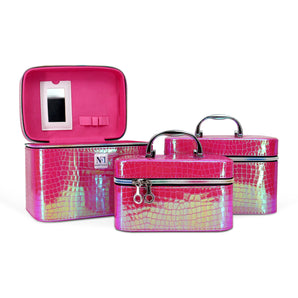 Set of 3piece Makeup Box | Cosmetic Box | Jewellery Box | Vanity Box Organizer with Magnifying Compact Makeup Mirror (Pink) - NFI essentials